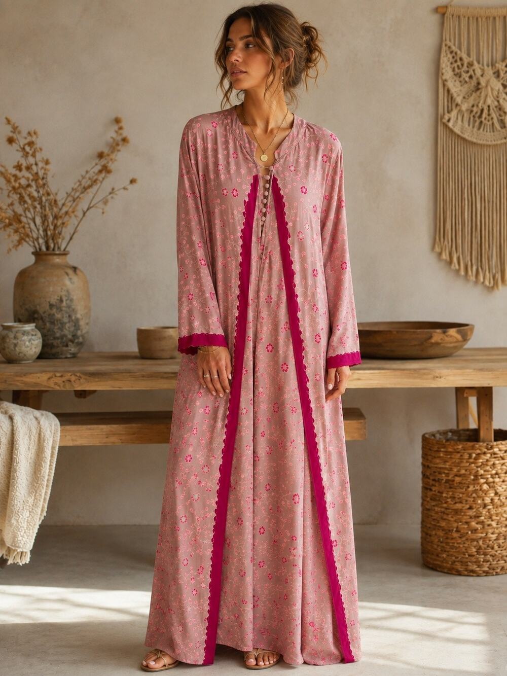 Natalie Martin Fiore Floral Print Long Sleeve Maxi Dress Pinwheel Pink XL NWT